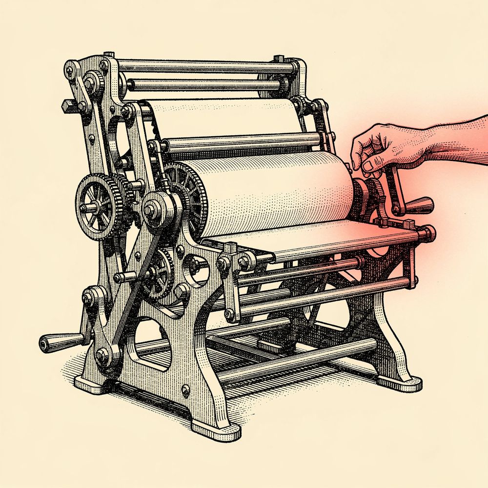 A printing press with a human hand on the lever, coral light around the hand only