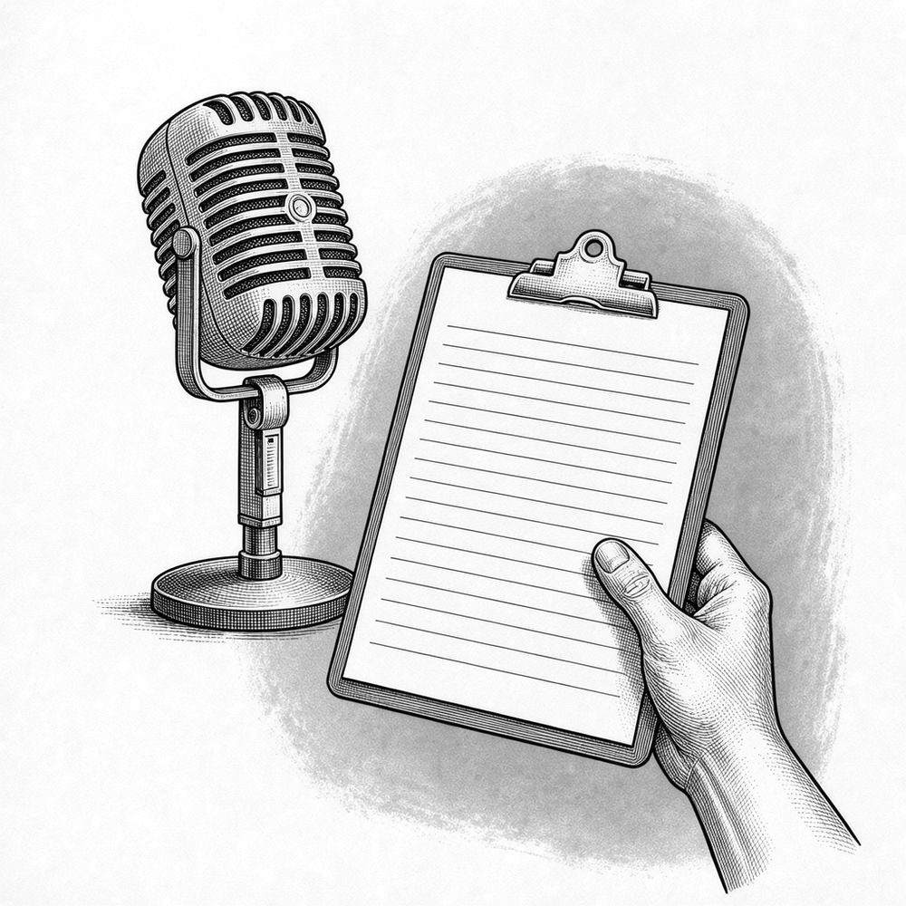 A microphone receding behind a hand offering a clipboard