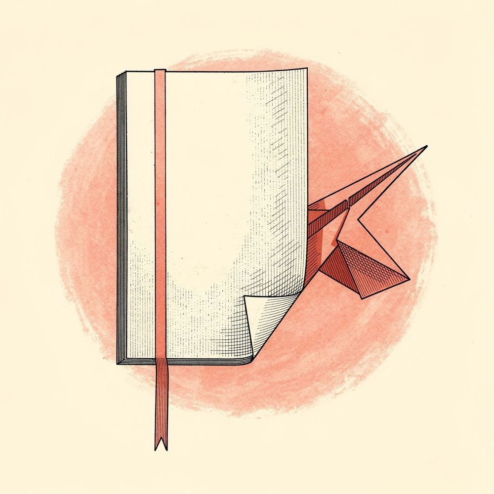 One sheet of paper, half held flat by a ribbon marker, half folded into a paper aeroplane