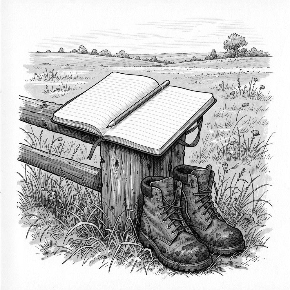 An open field notebook on a fence post, a pair of muddy work boots beside it