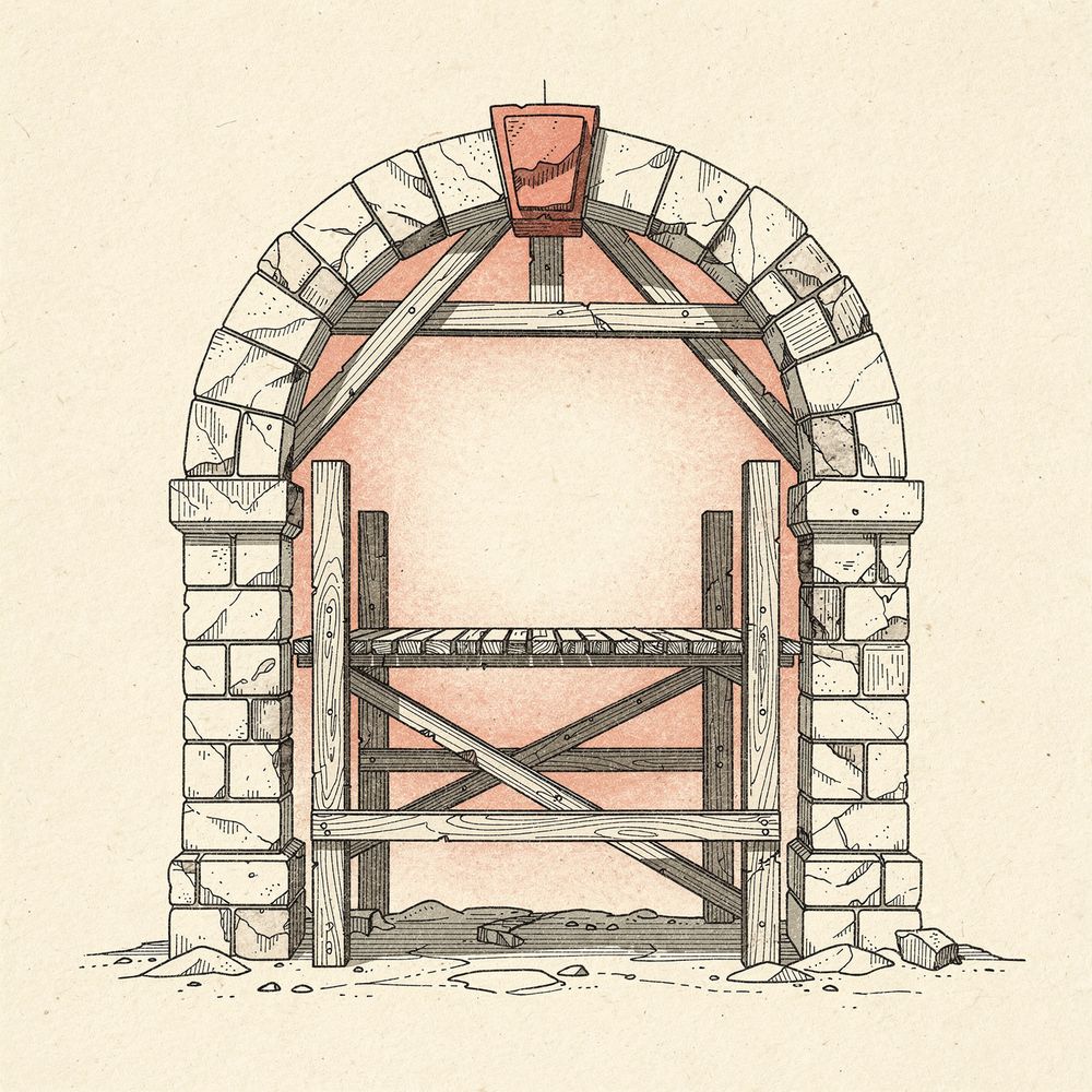 A stone arch under construction on its wooden centering frame, the keystone lit from within