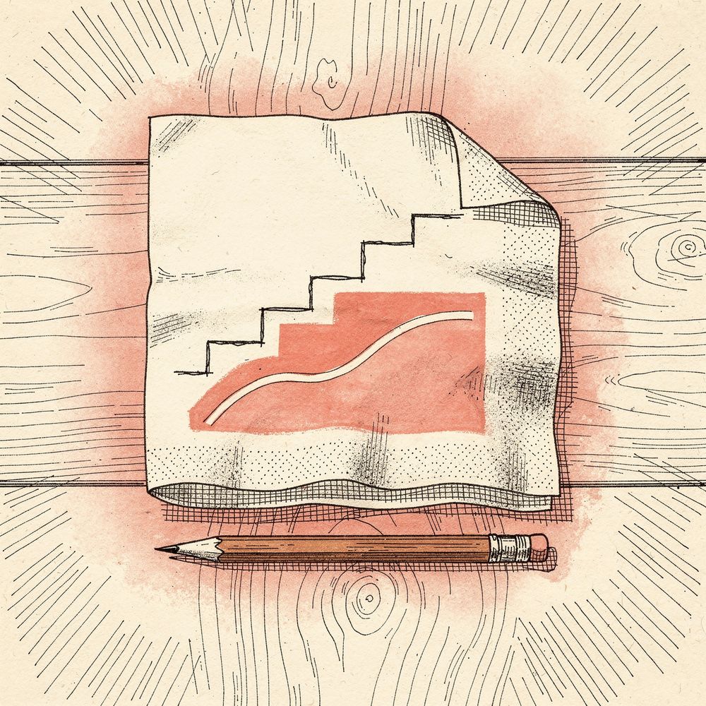 A paper napkin on a workbench with a step-shaped curve drawn over a smooth one, the gap between them washed in coral