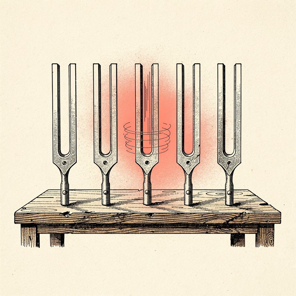 Five tuning forks in a row on a workbench, the middle one vibrating in a coral glow