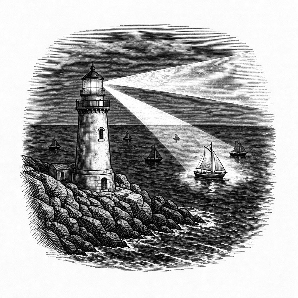 A lighthouse beam picking out one sailboat among several in the dark