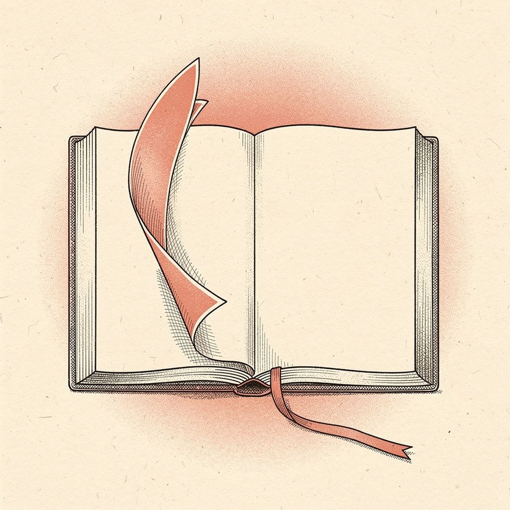 An open book with a ribbon marker and a page lifting away