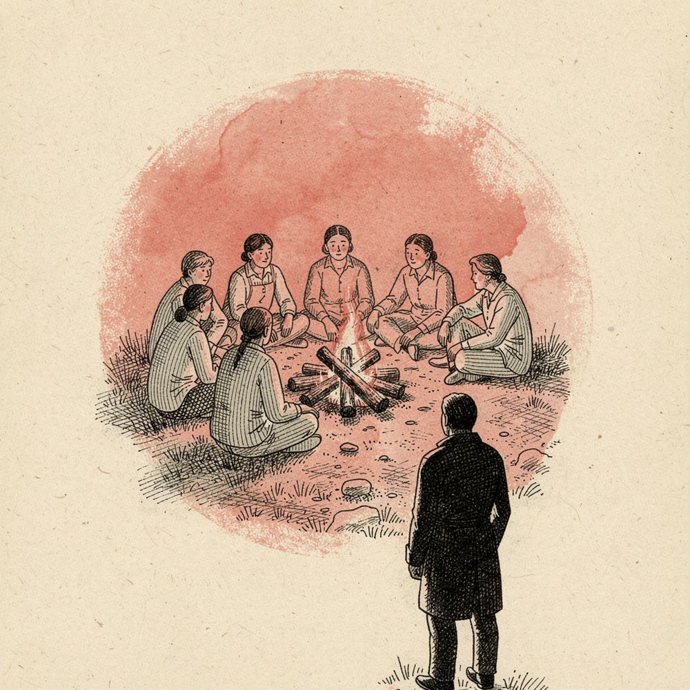 A circle gathered at a fire, and the one figure standing outside the light